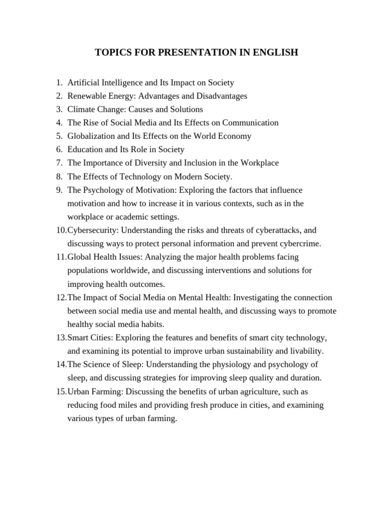 Presentation Topics in English | PDF | Urban Agriculture | Mental Health