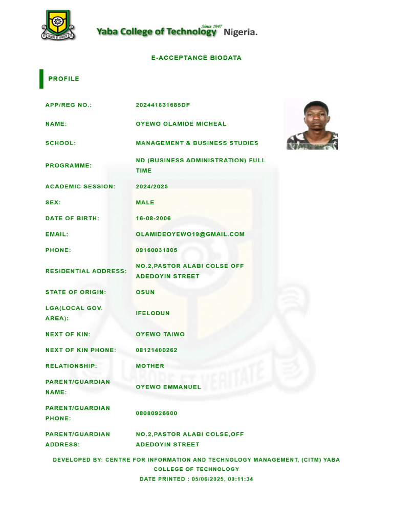 E-Acceptance Biodata Form Oyewo | PDF
