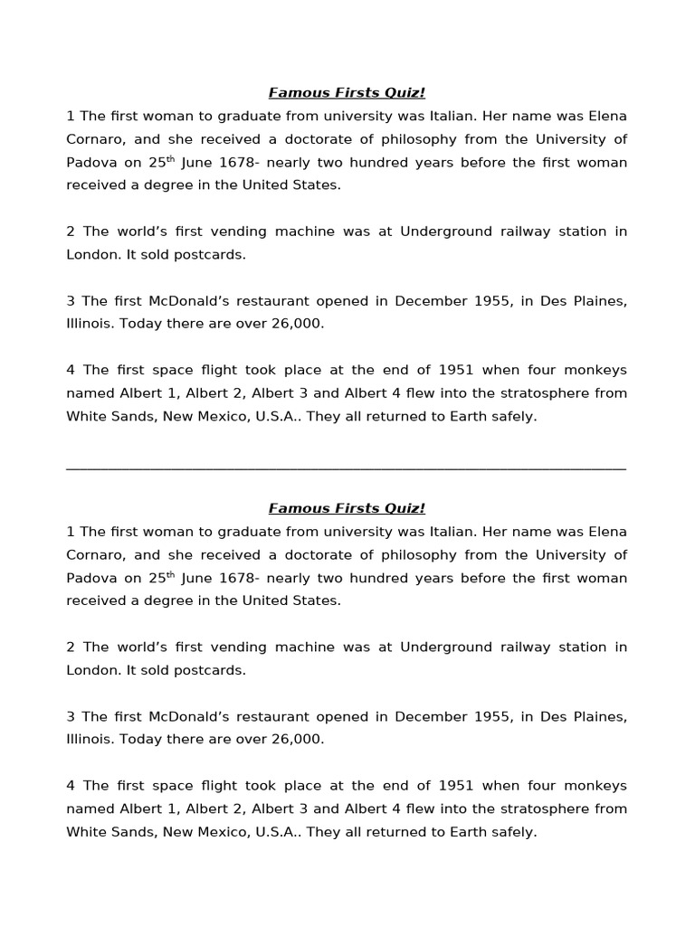 Famous Firsts Quiz | PDF