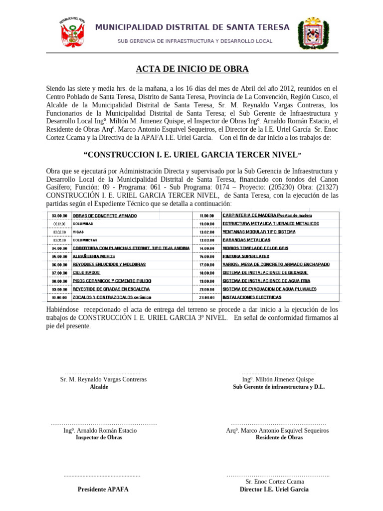 Acta de Inicio y Entrega de Obra Educativa | PDF | Gobierno