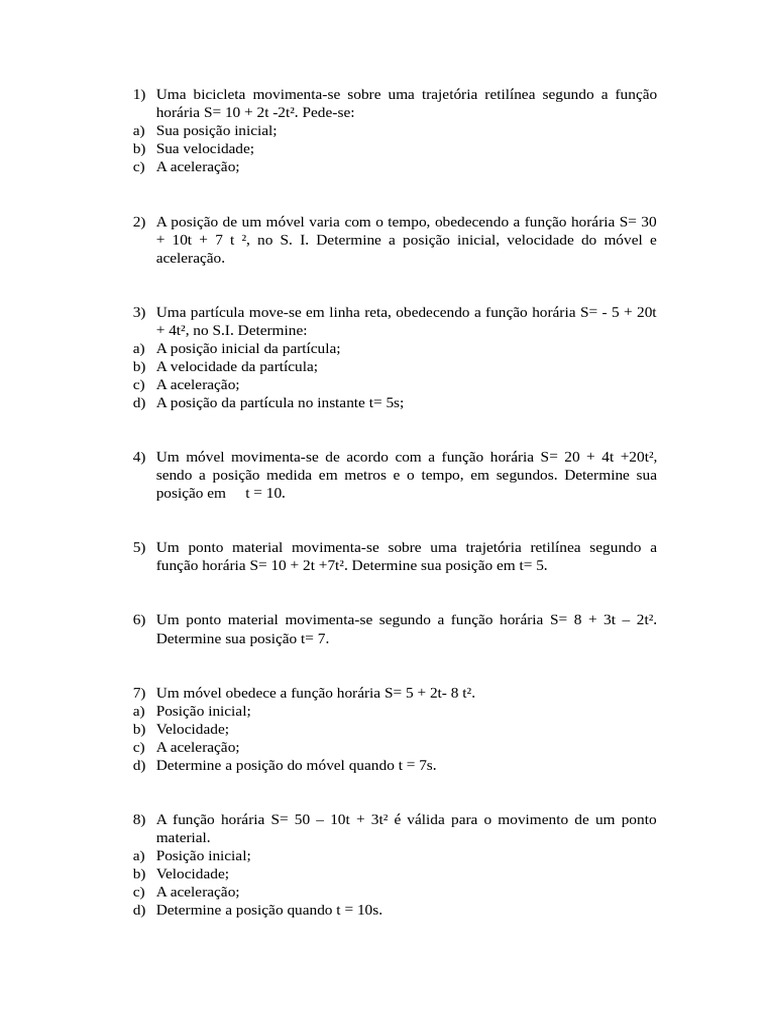 Exercícios sobre Função Horária da Posição | PDF