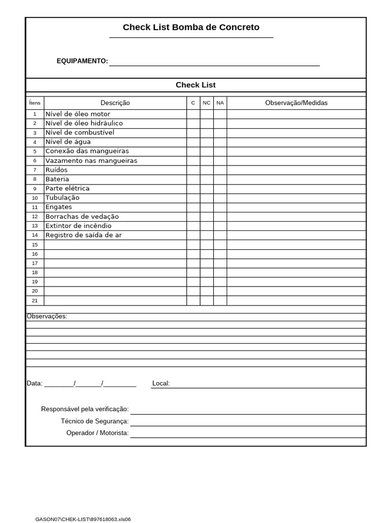 Check List Bomba de Concreto | PDF