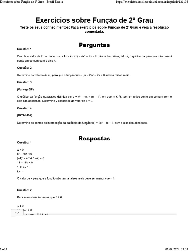 Exercícios de Função do 2º Grau | PDF | Função (Matemática) | Matemática