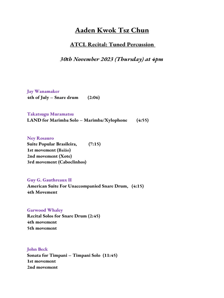 Aaden Kwok's Tuned Percussion Recital | PDF