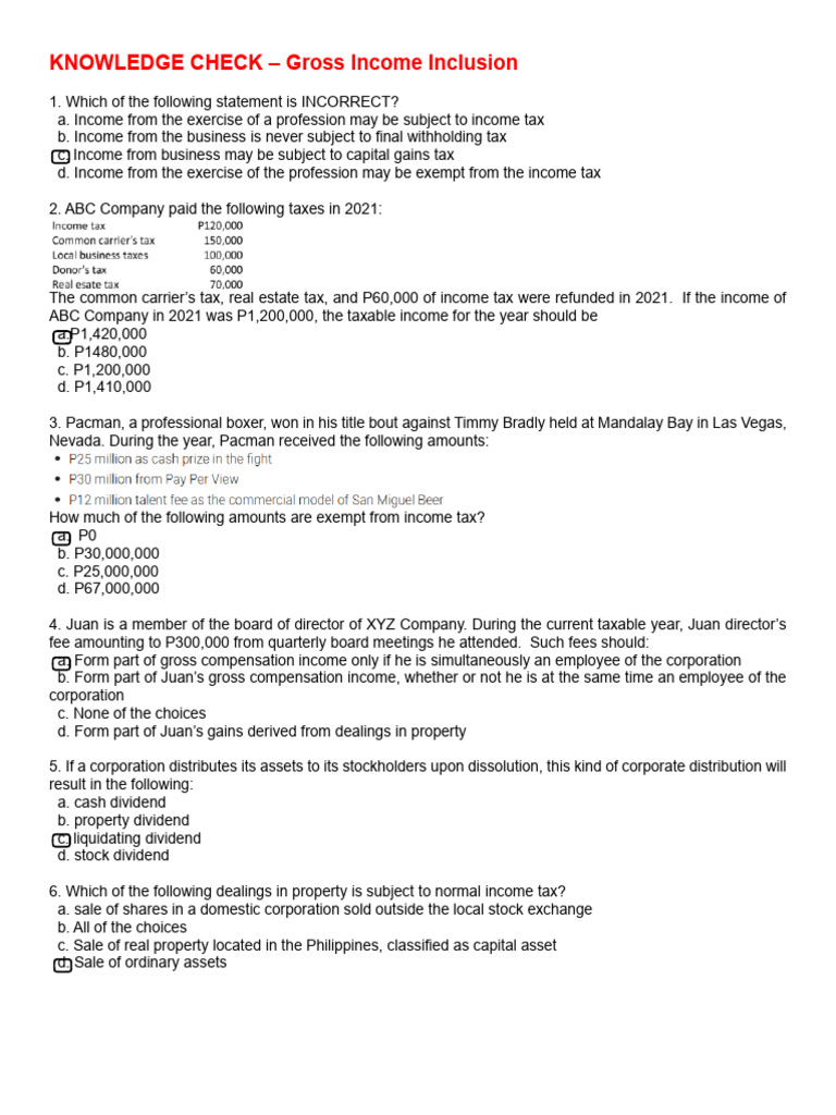 Gross Income Tax Inclusion Quiz | PDF | Cost Of Living | Taxes