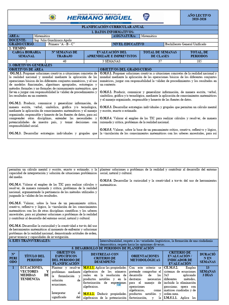 Planificación Anual de Matemática PCA | PDF | Ecuaciones | Vector ...