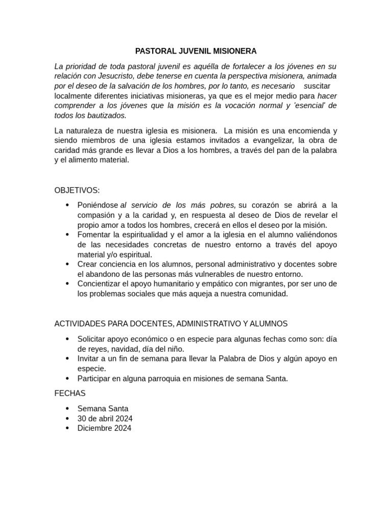 Pastoral Juvenil Misionera: Objetivos y Actividades | PDF