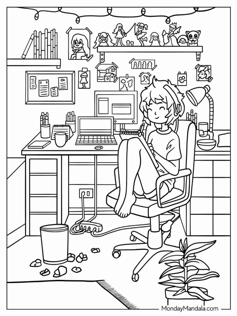 Cartoon Girl Studying Retro Lo Fi Aesthetic Coloring Page | PDF