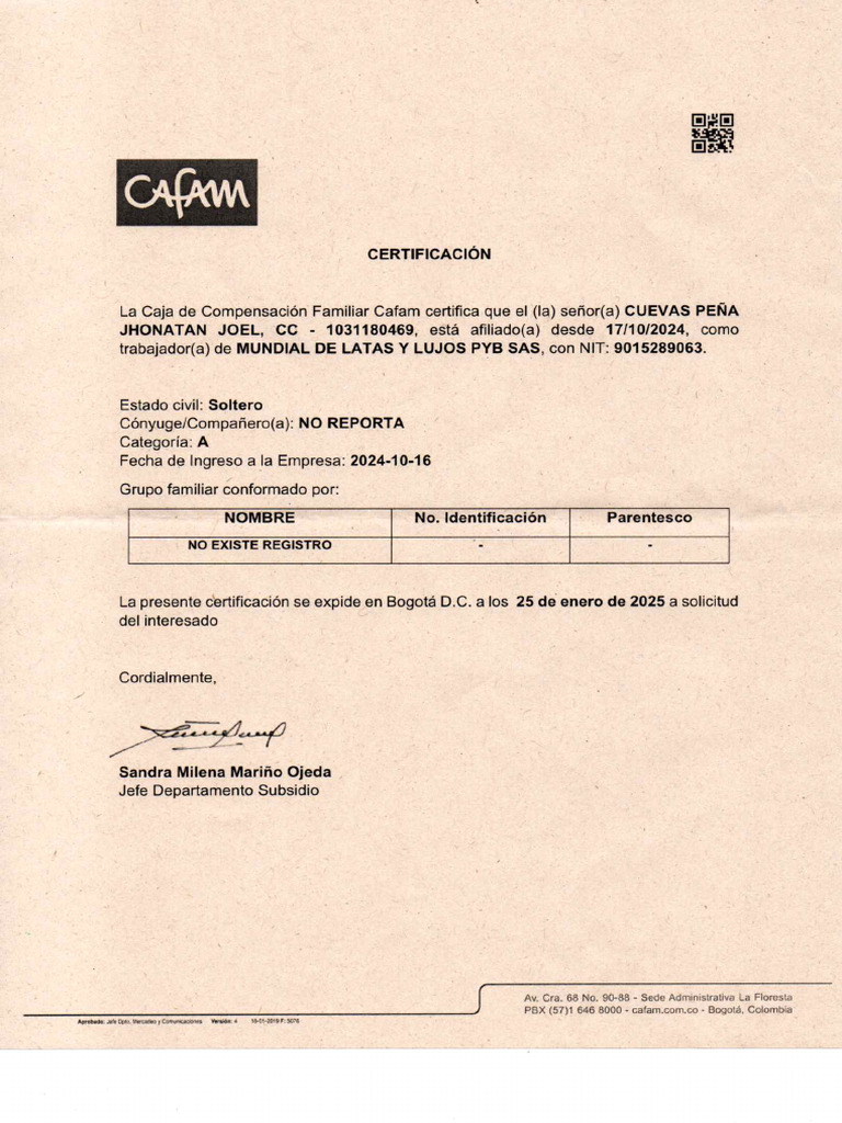 Certificacion de Afiliacion Cafam | PDF