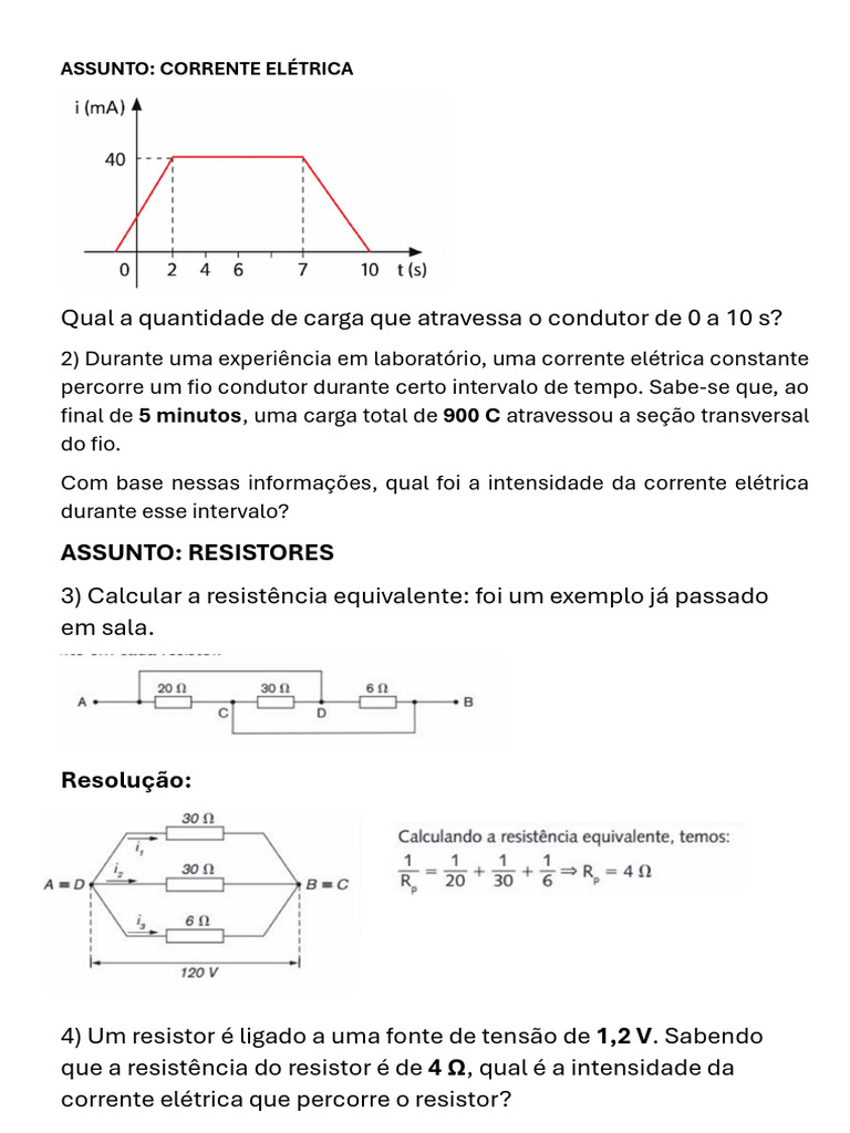 Cálculos de Corrente e Resistência Elétrica | PDF