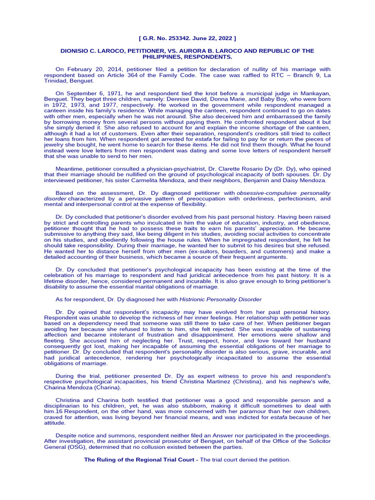 Psychological Incapacity in Marriage Case | PDF | Burden Of Proof (Law ...