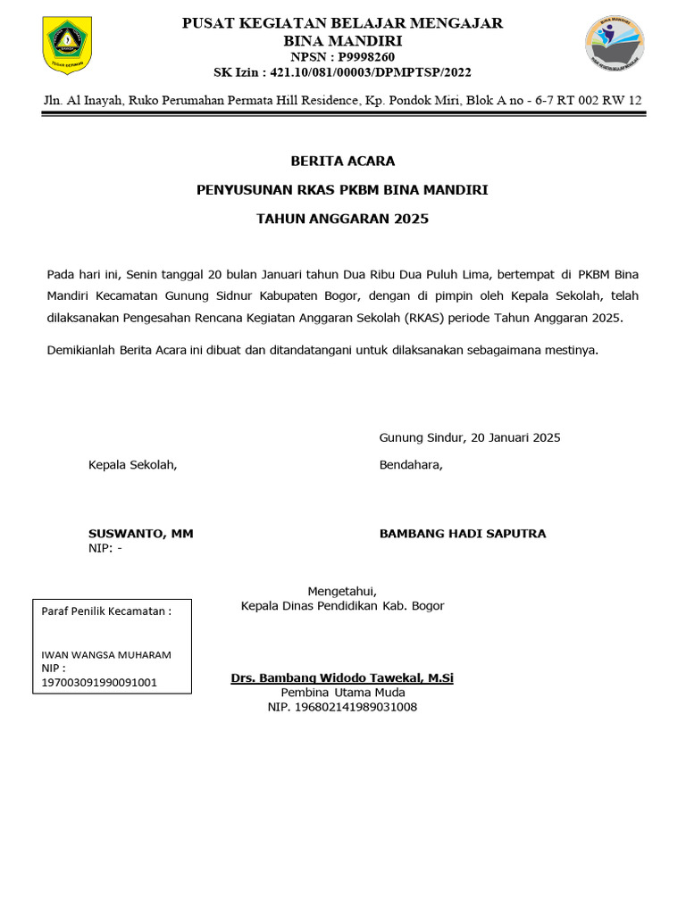 RKAS PKBM Bina Mandiri 2025 Disahkan | PDF