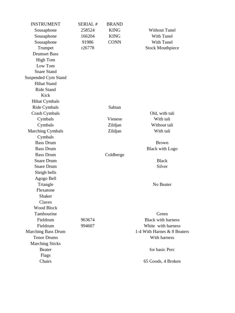 Musical Instruments Inventory List | PDF