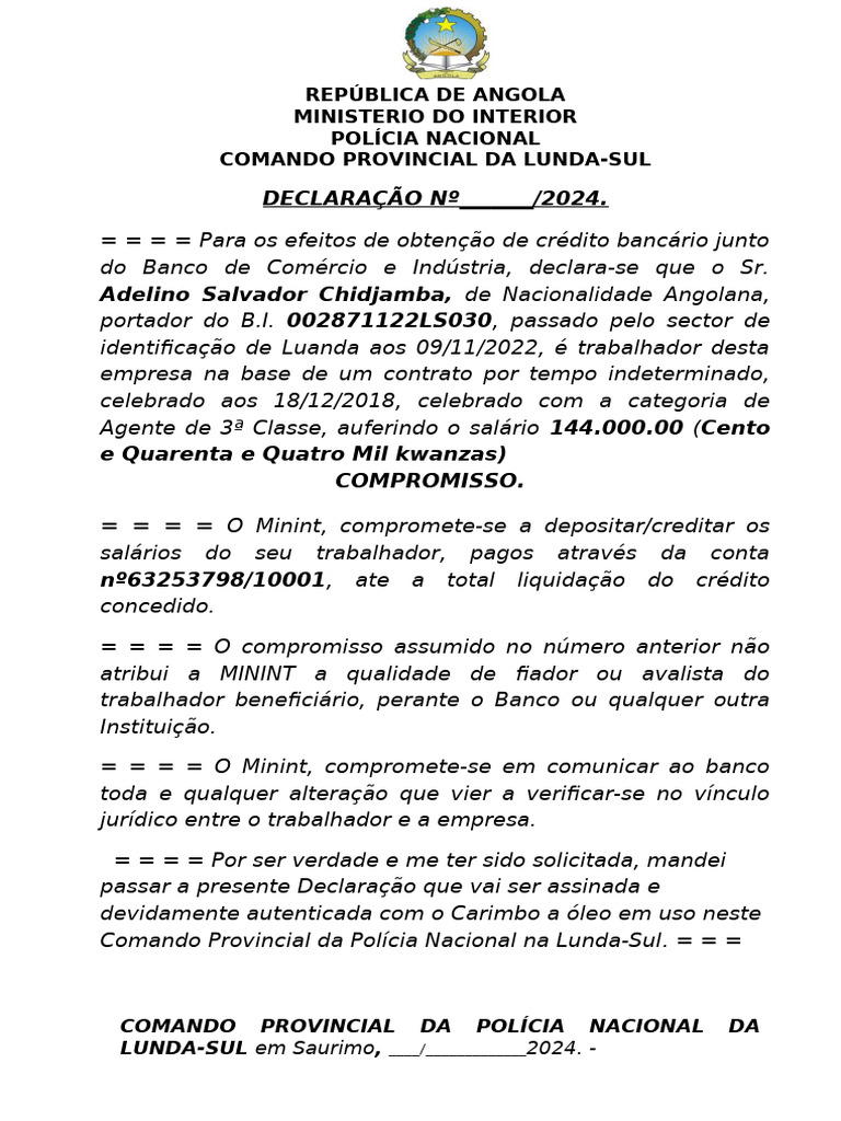 Declaração de Trabalho para Crédito BCI | PDF