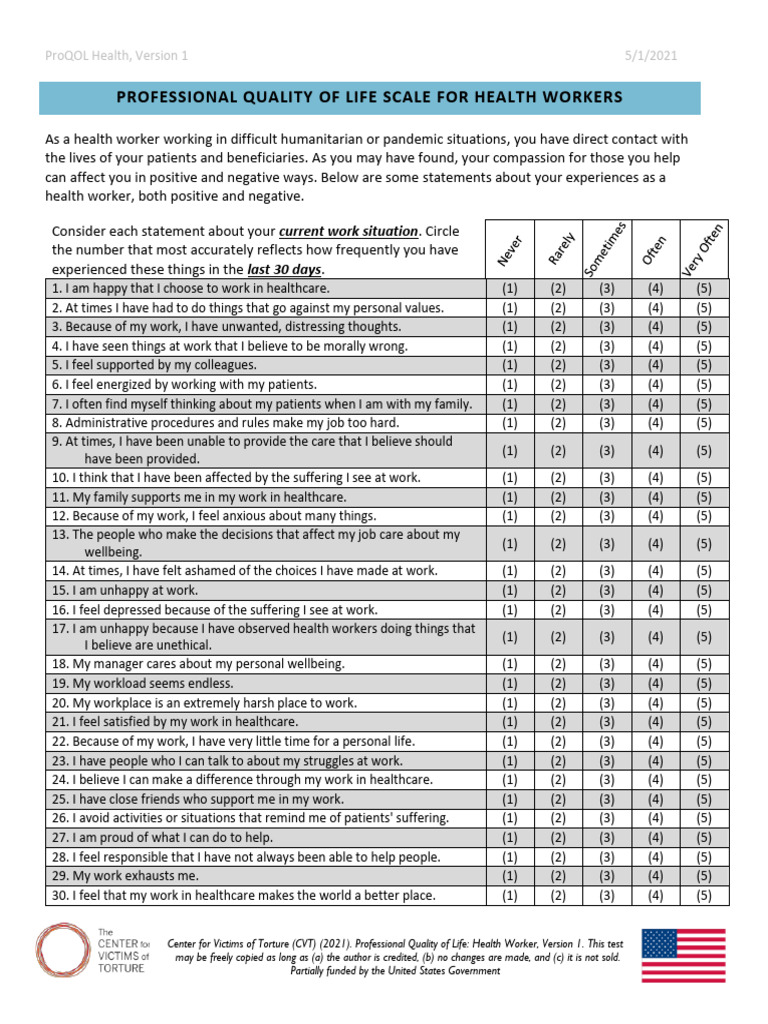 ProQOL Health Scale for Workers | PDF | Psychology | Subjective Experience