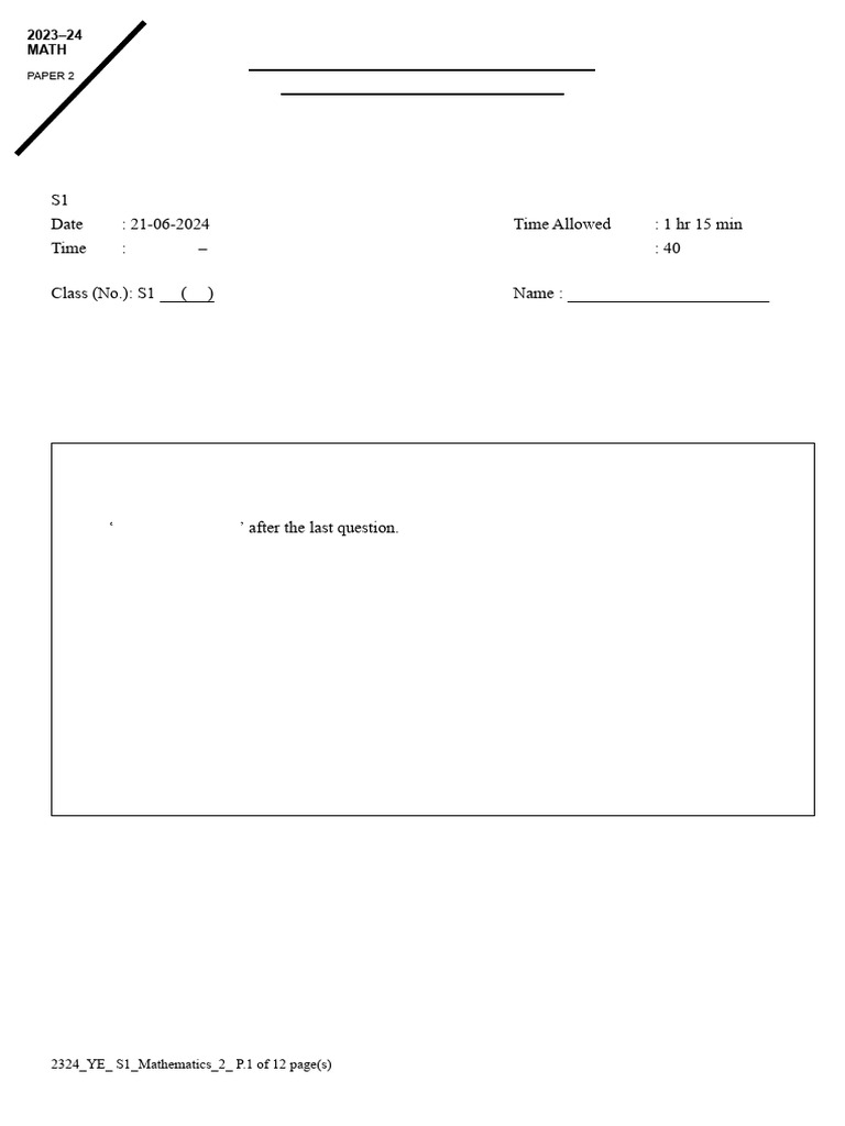 S1 Mathematics Yearly Exam 2023-24 | PDF | Mathematics