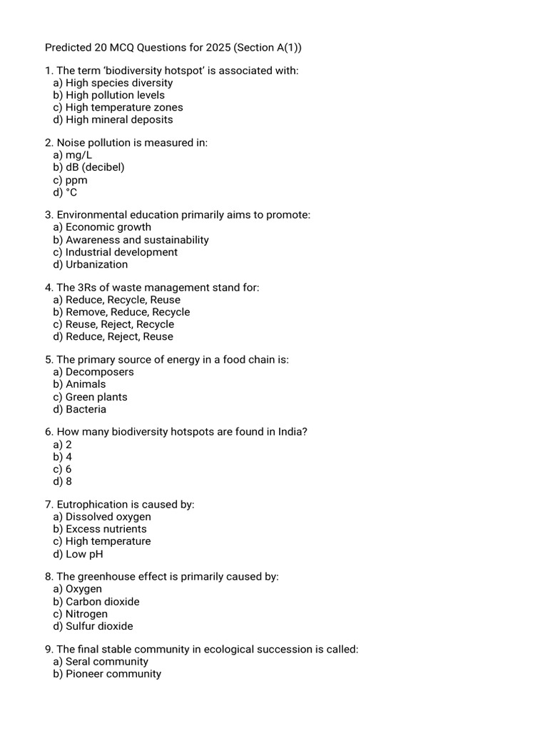 EVS Model Question Paper 2025 Predictions | PDF | Ecosystem ...