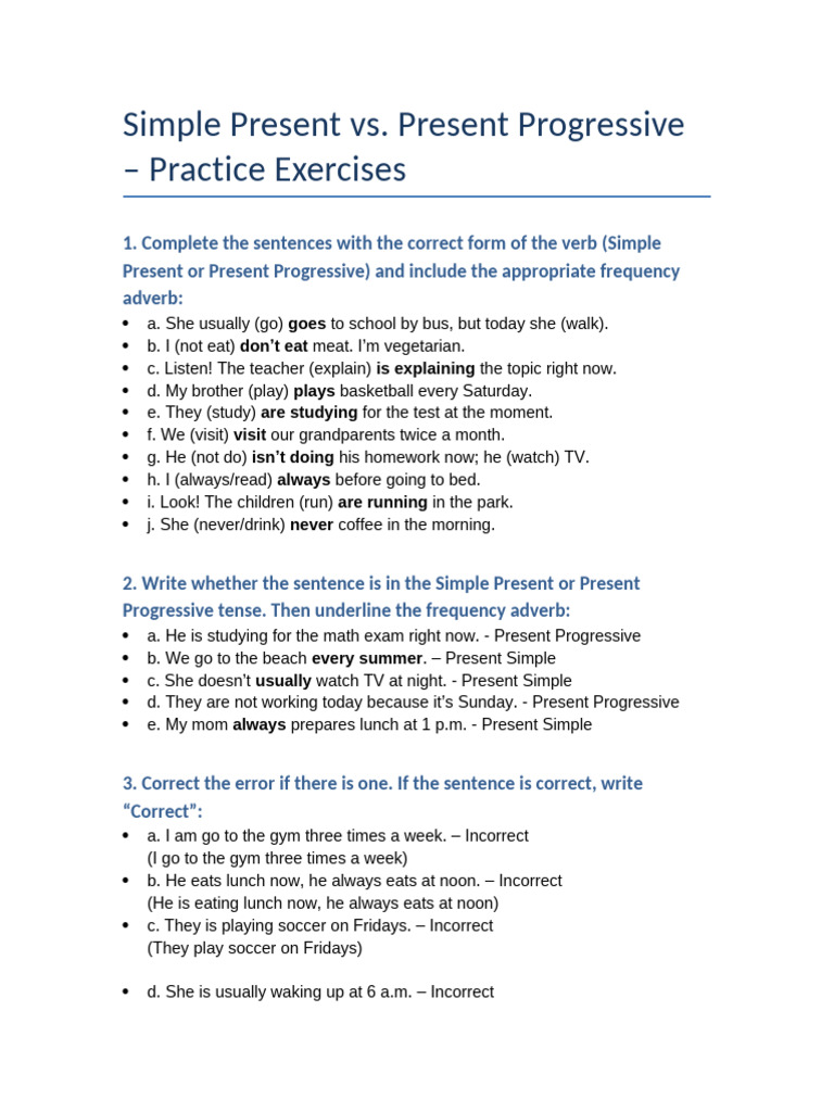 Simple Present vs. Present Progressive Exercises | PDF