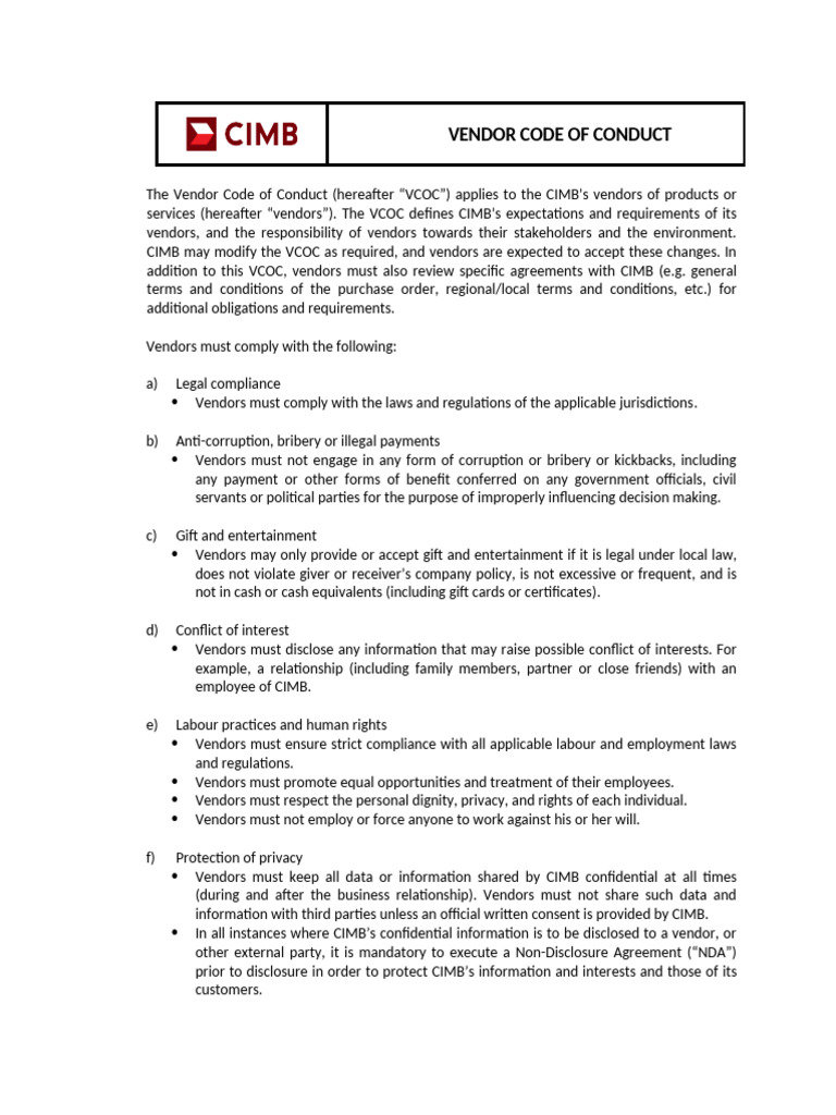 CIMB Vendor Code of Conduct Guidelines | PDF | Bribery | Non Disclosure ...