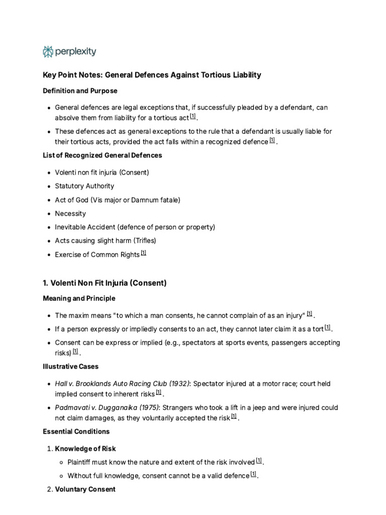 Key Point Notes - General Defences Against Tortious | PDF | Tort | Consent