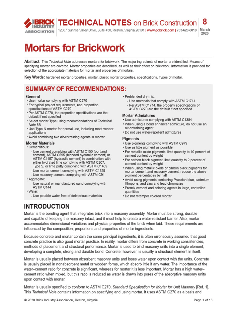 Mortar Specifications for Brickwork | PDF | Mortar (Masonry) | Cement