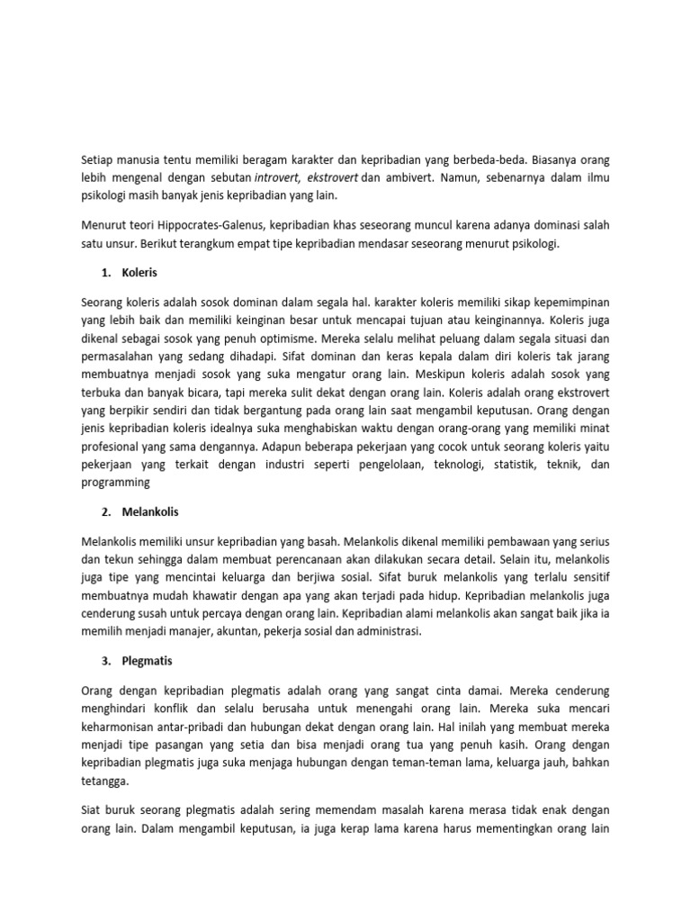4 Tipe Kepribadian Manusia Dalam Psikologi Pdf