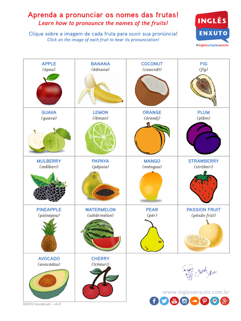 Pronúncia de Nomes de Frutas em Inglês | PDF