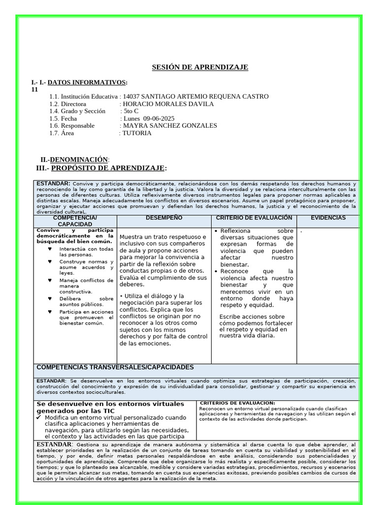 Sesion Tutoria Vivamos en Un Ambiente de Respeto e Equidadmayra | PDF ...