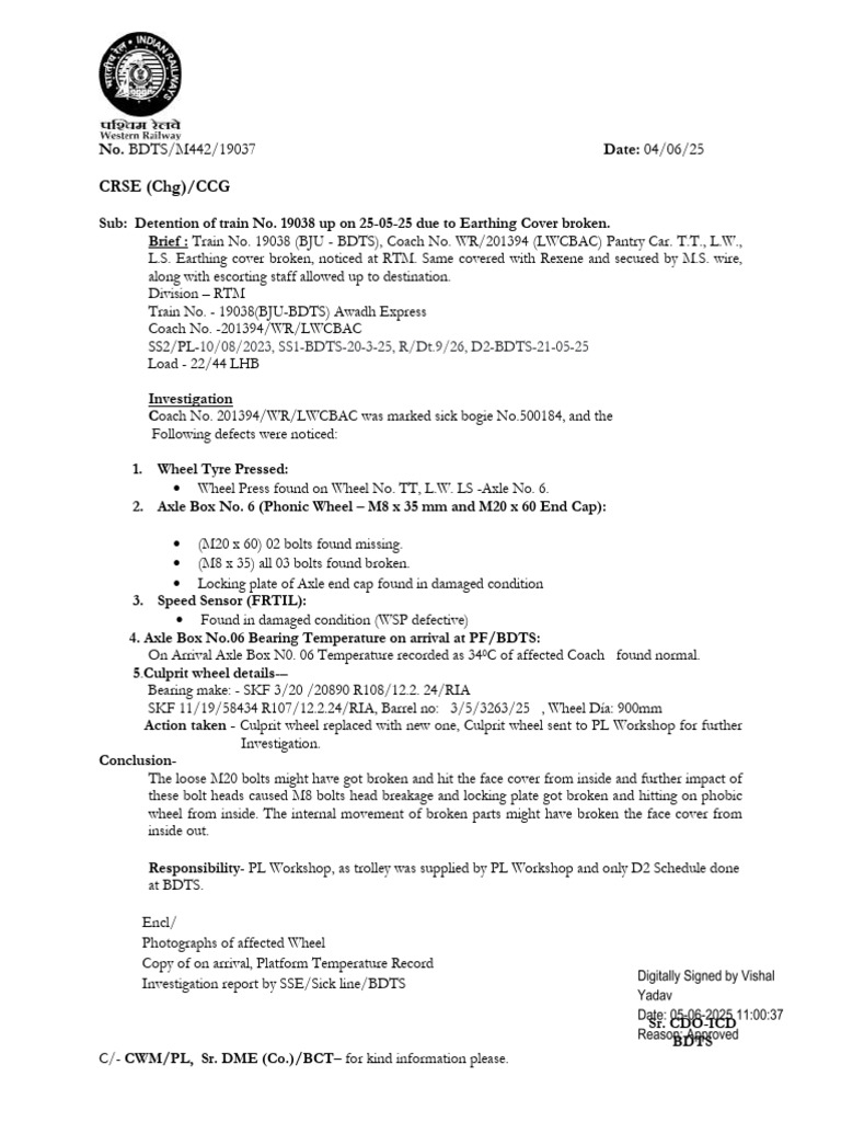 Detention of Train 19038 201394 LWCBAC 04 06 25 | PDF | Rolling Stock ...