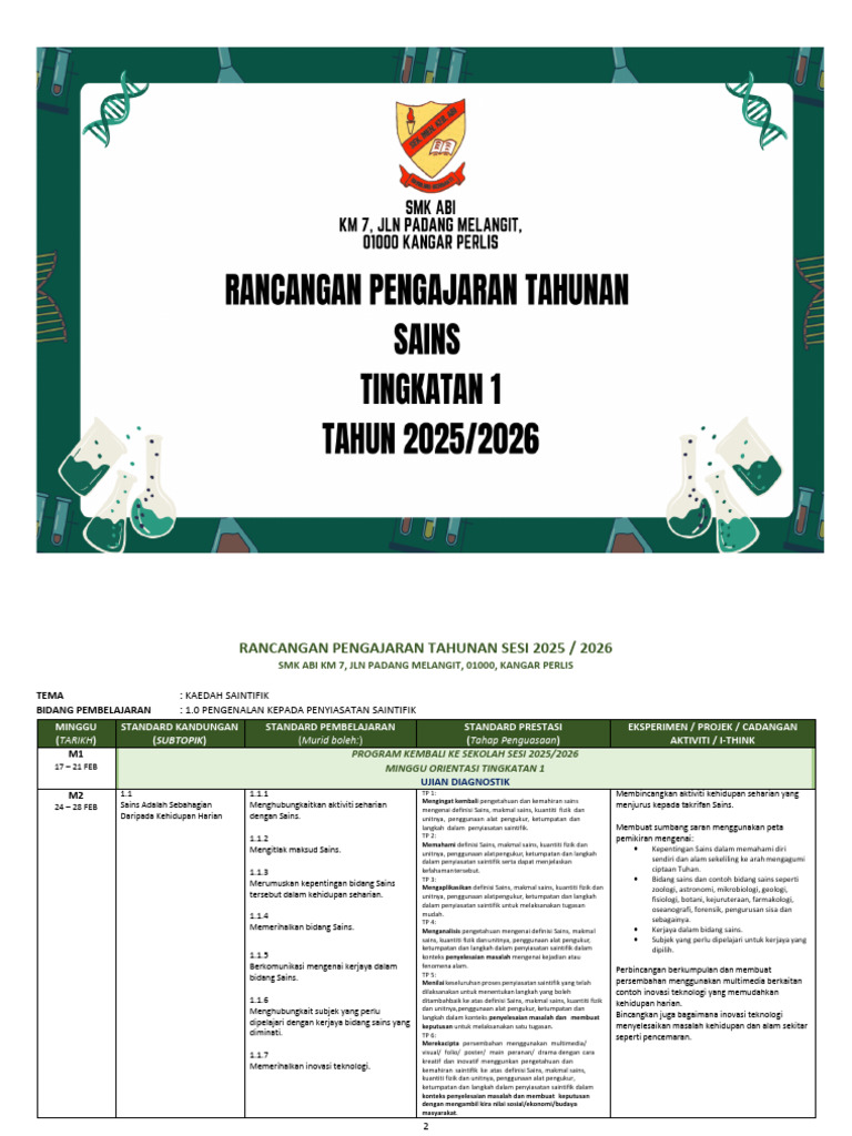 RPT Sains Tingkatan 1 2025 | PDF