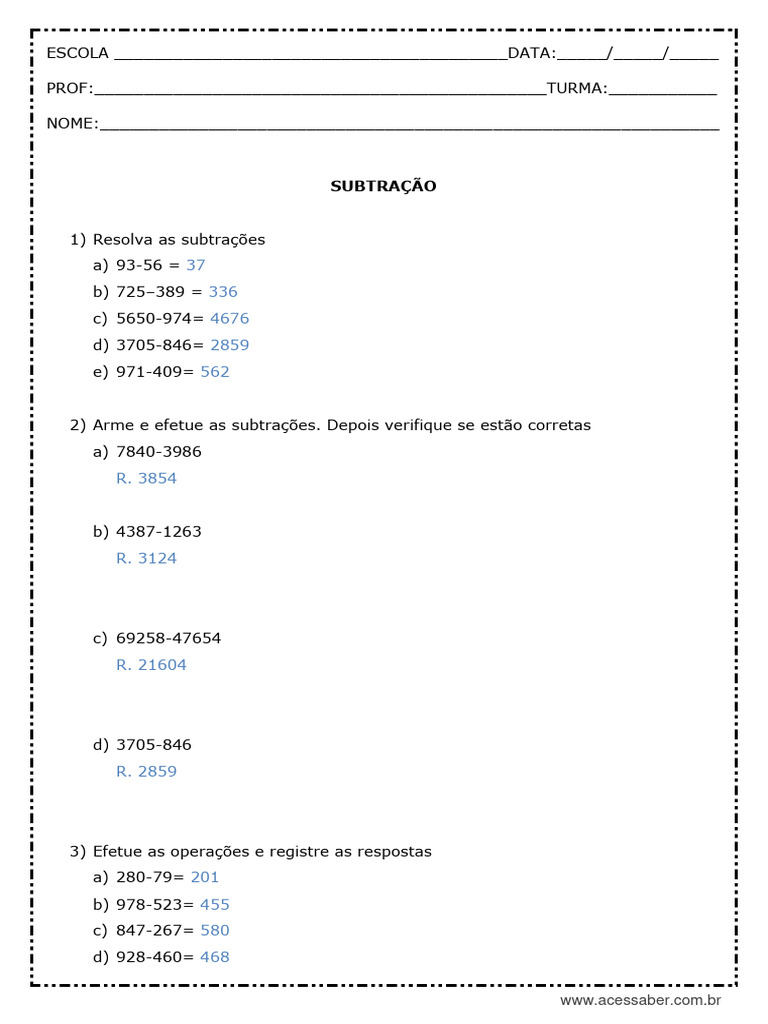 Atividades de Subtração para 4º Ano | PDF