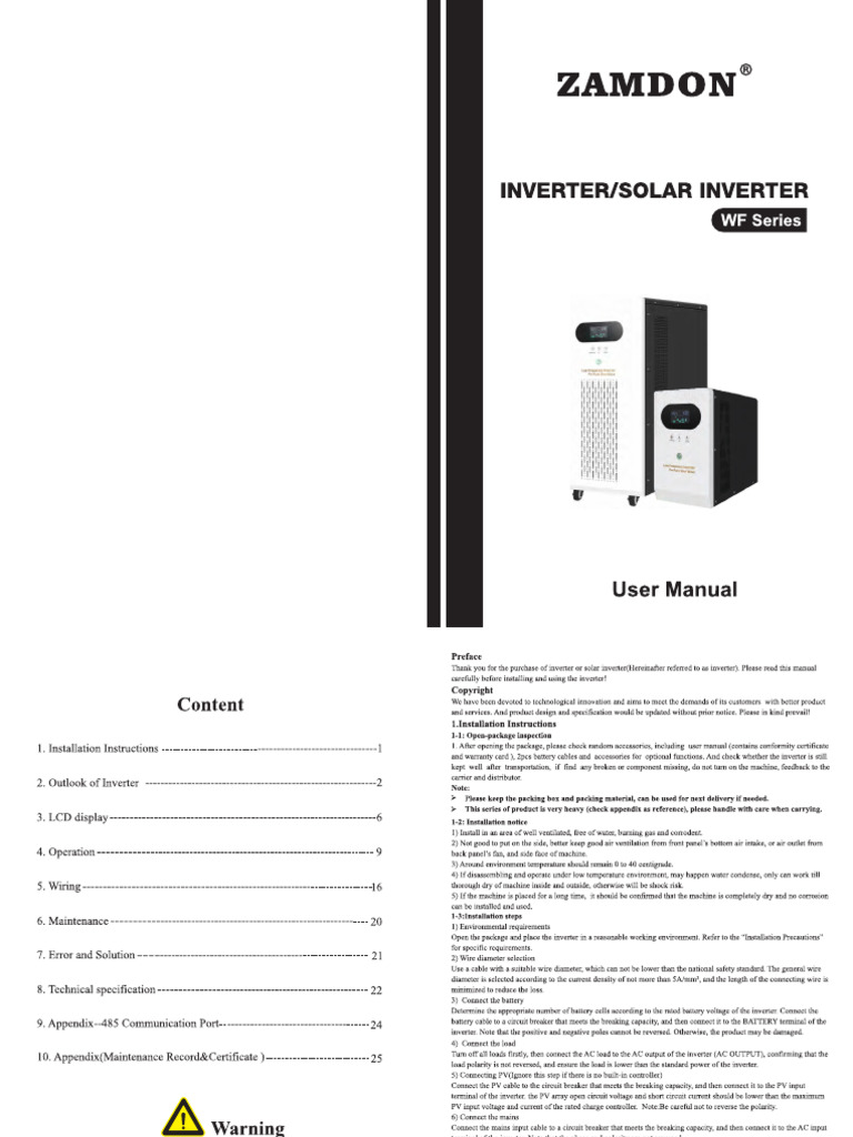 WF Inverter User Manual Zamdon | PDF