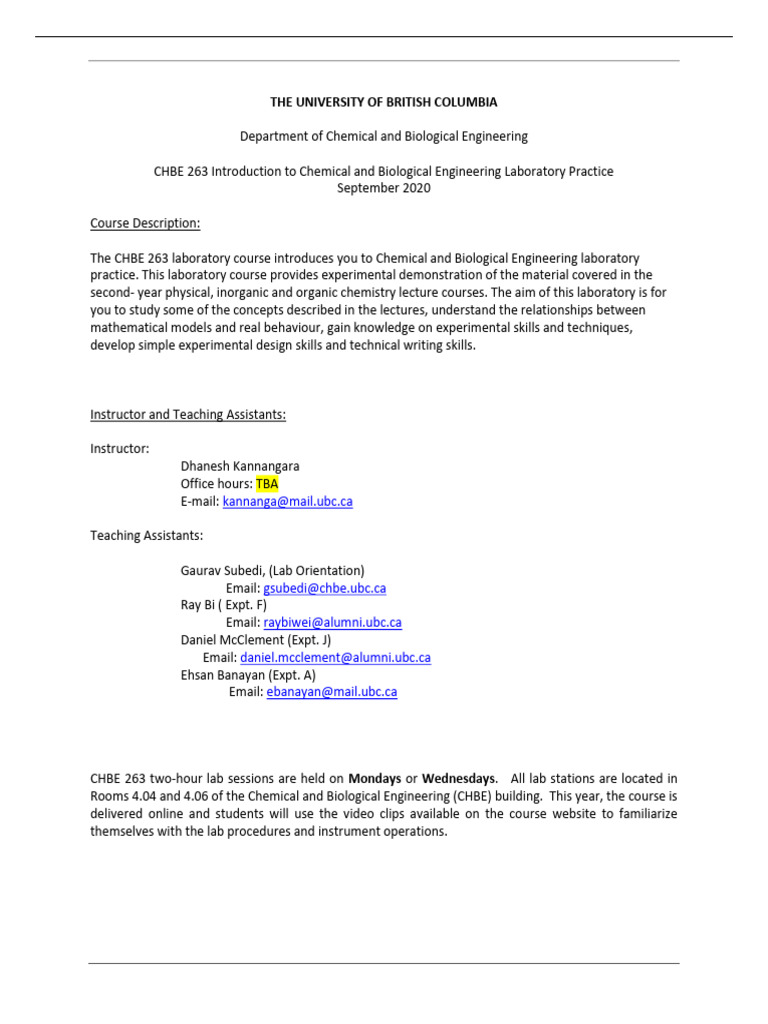 CHBE 263 Syllabus 2020 3 PDF | PDF | Experiment | Laboratories