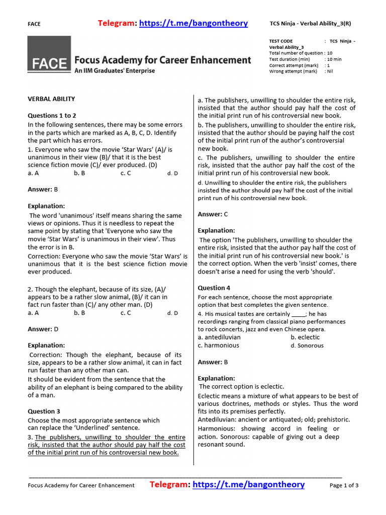 TCS Ninja - FACE Paid Verbal Ability 3 | PDF