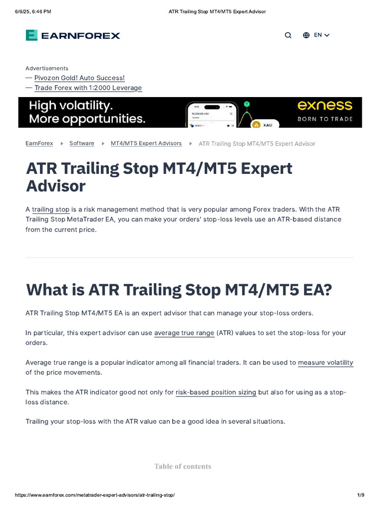 ATR Trailing Stop MT4 - MT5 Expert Advisor | PDF