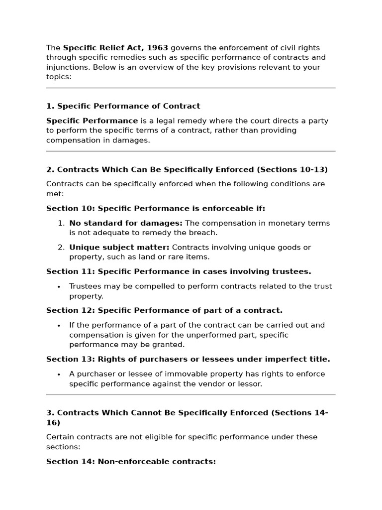 Overview of Specific Relief Act, 1963 | PDF | Injunction | Legal Remedy