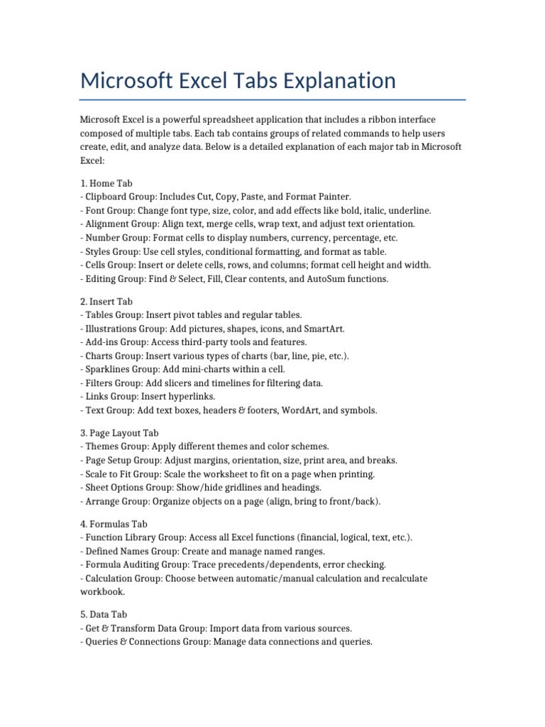 Understanding Excel Tabs and Functions | PDF | Microsoft Excel ...