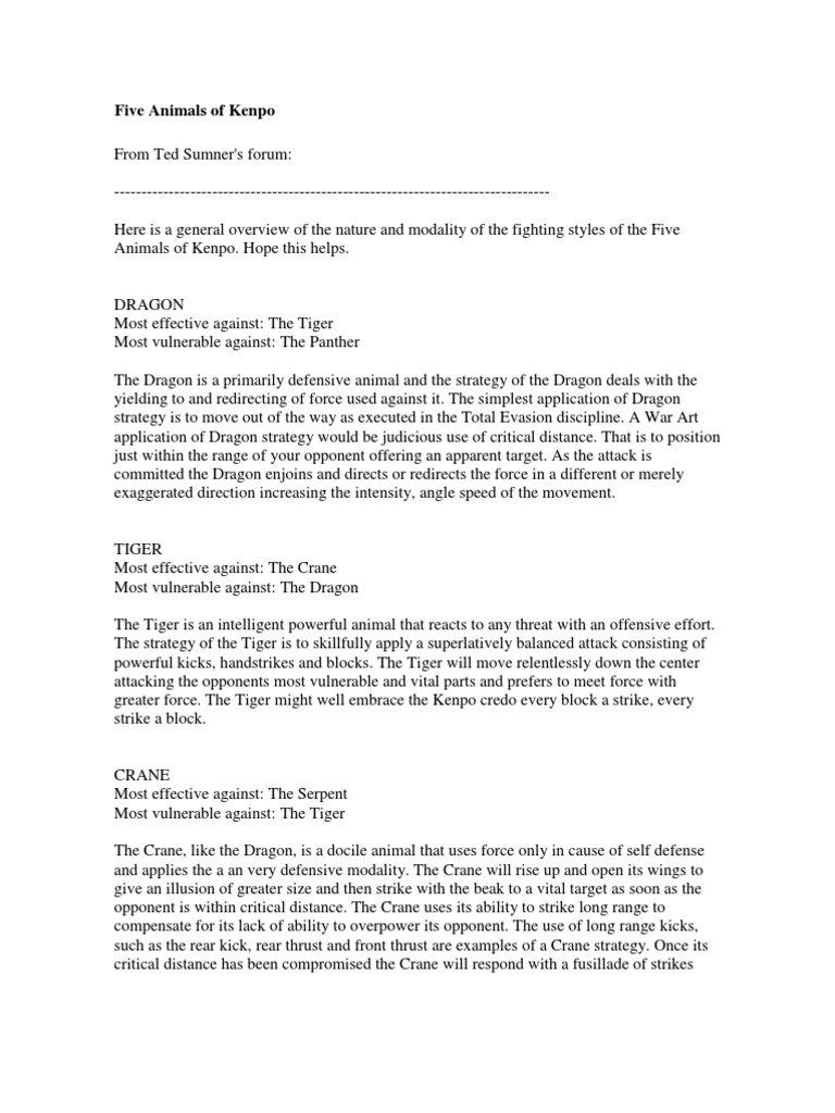 Five Animals of Kenpo Mnkenpokarate Com | PDF | Snake | Tiger