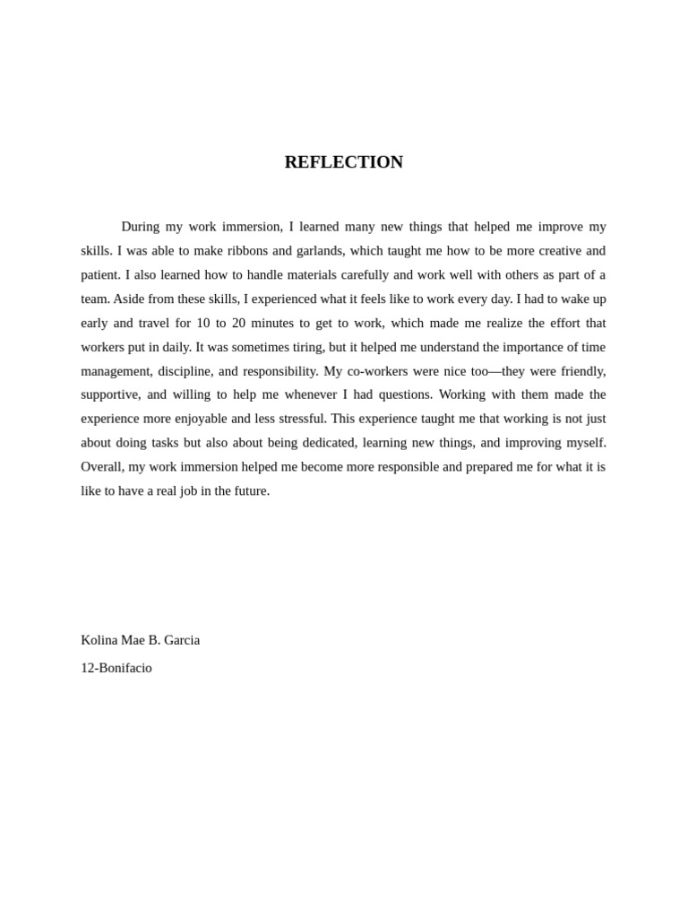Work Immersion Reflection and Skills Gained | PDF | Cognition