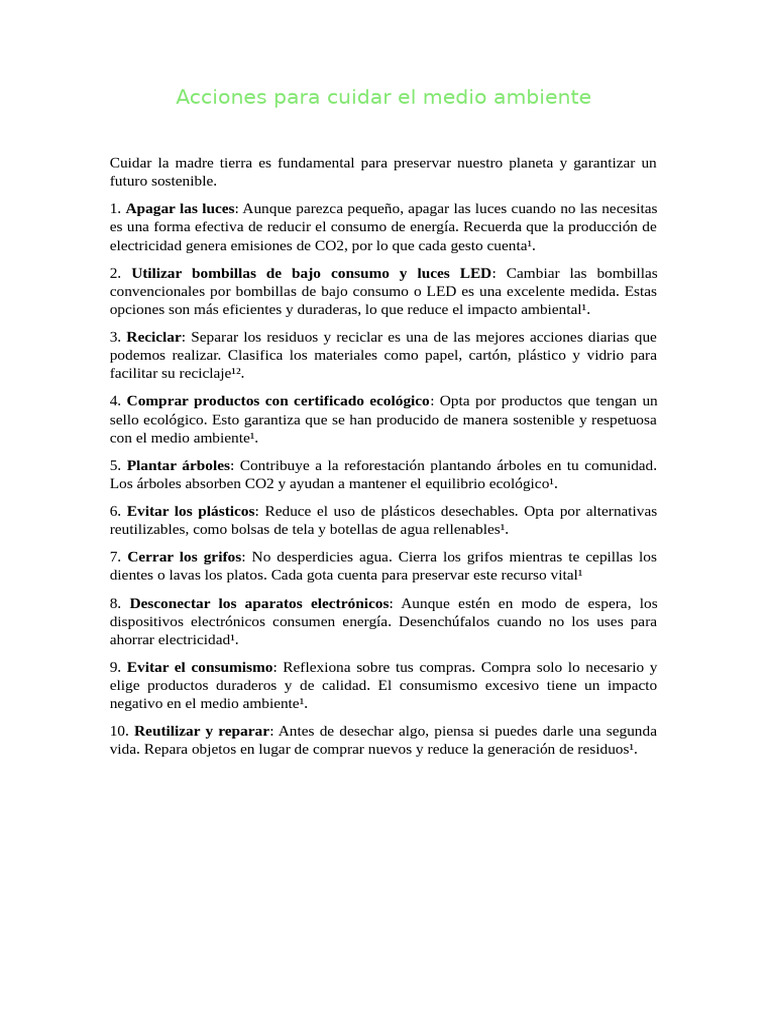 Acciones para Cuidar El Medio Ambiente | PDF