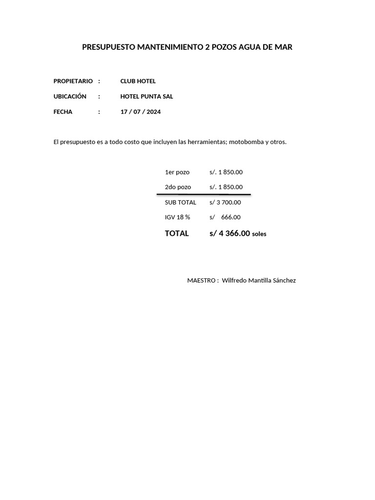 Presupuesto Mantenimiento 2 Pozos Agua de Mar | PDF