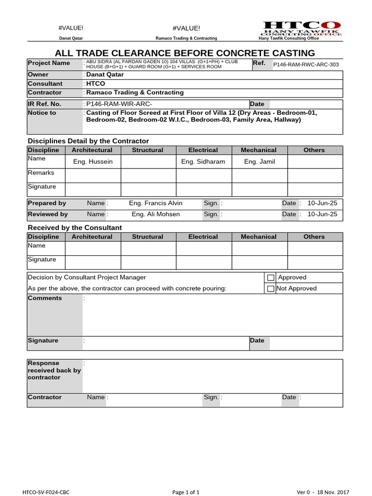 Concrete Casting Clearance Document | PDF
