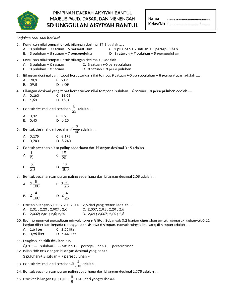 Soal Pecahan Desimal Kelas 6 | PDF