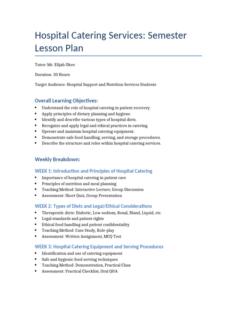 Hospital Catering Services Lesson Plan | PDF
