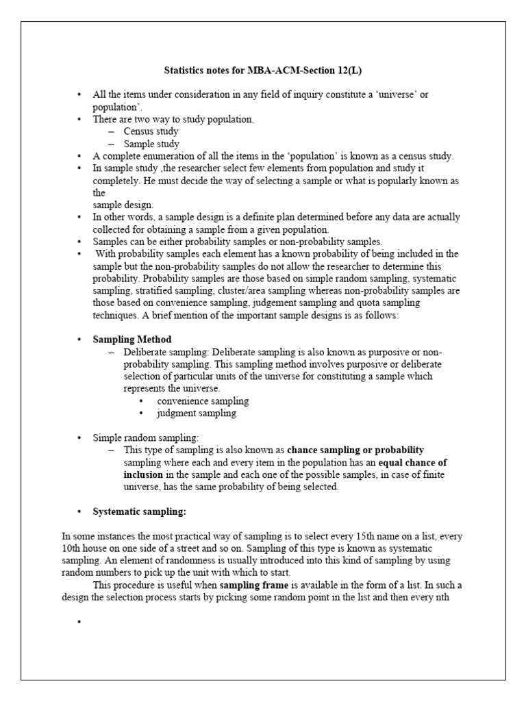 MBA Statistics: Sample Design Methods | PDF | Mean | Sampling (Statistics)