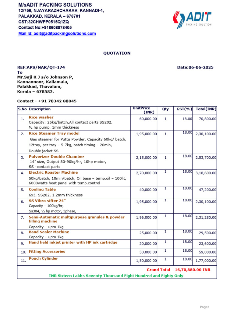 Quotation for Packing Solutions Equipment | PDF | Mechanical Engineering