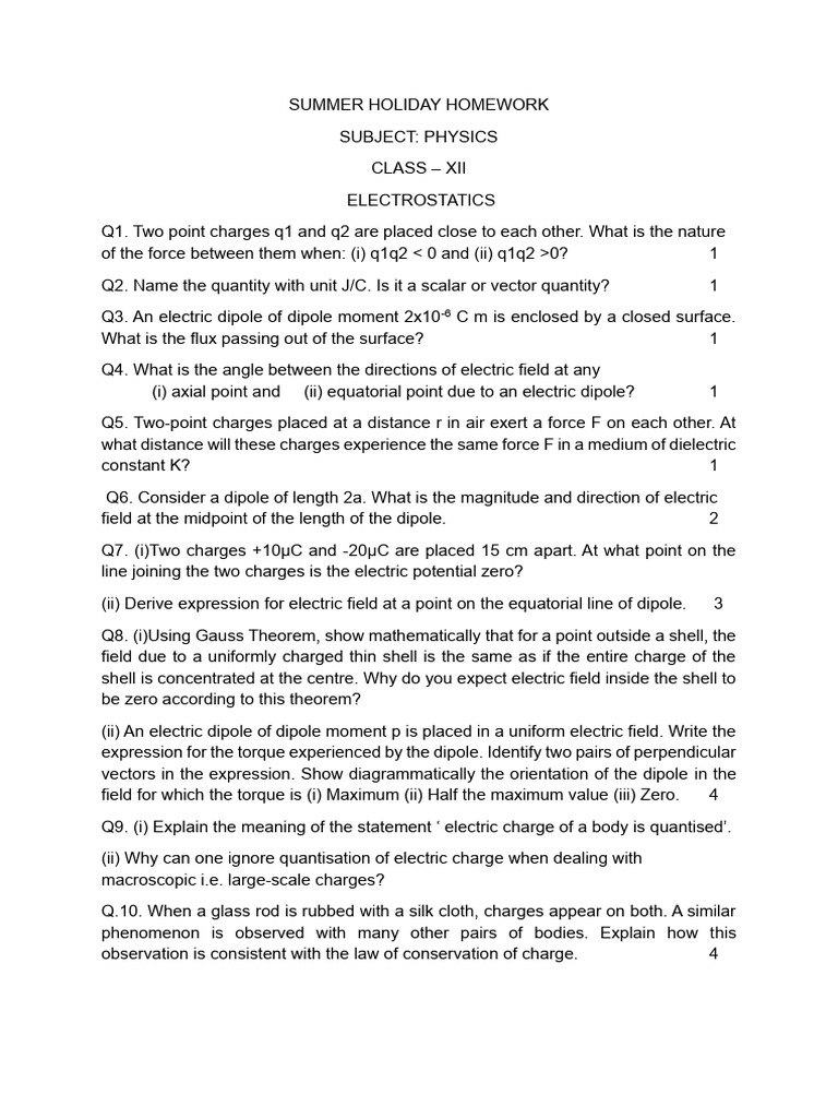 Holiday HW Physics Xii | PDF | Force | Electric Field