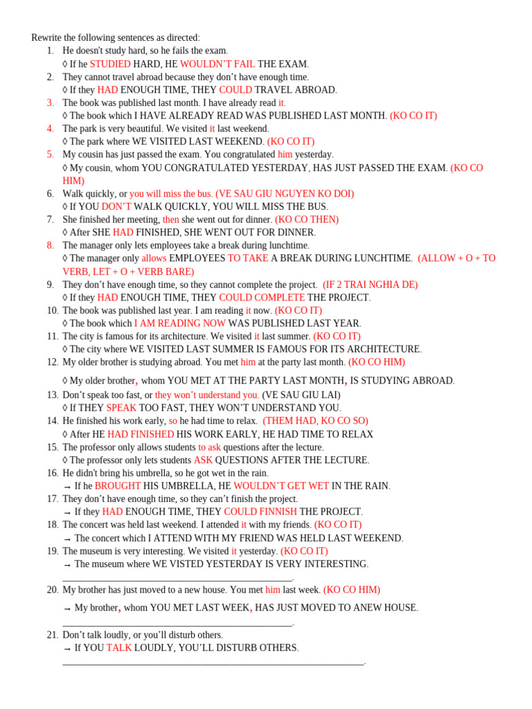 Sentence Rewriting and Grammar Exercises | PDF