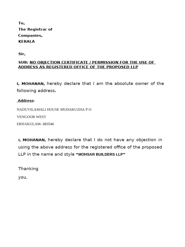 No Objection Certificate for LLP Address | PDF