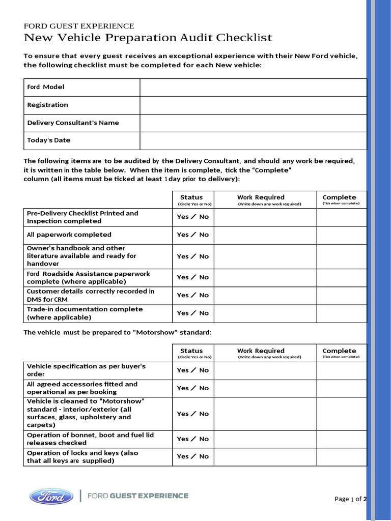 New Vehicle Preperation Checklist | PDF | Car | Rear Wheel Drive Vehicles